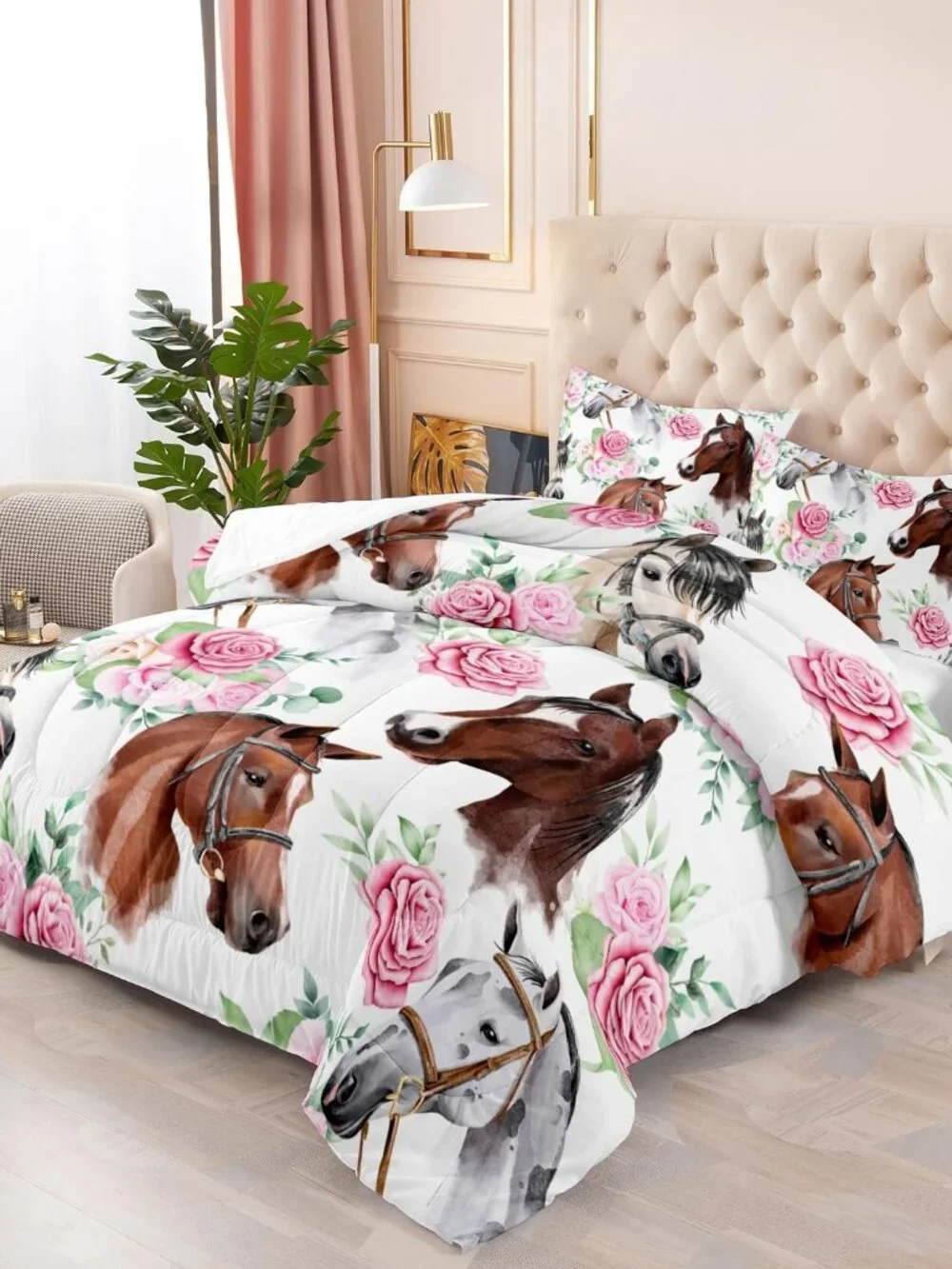 Horse and Flower Comforter Set for Girls Kids Horse and Floral 3 Piece Bedding S